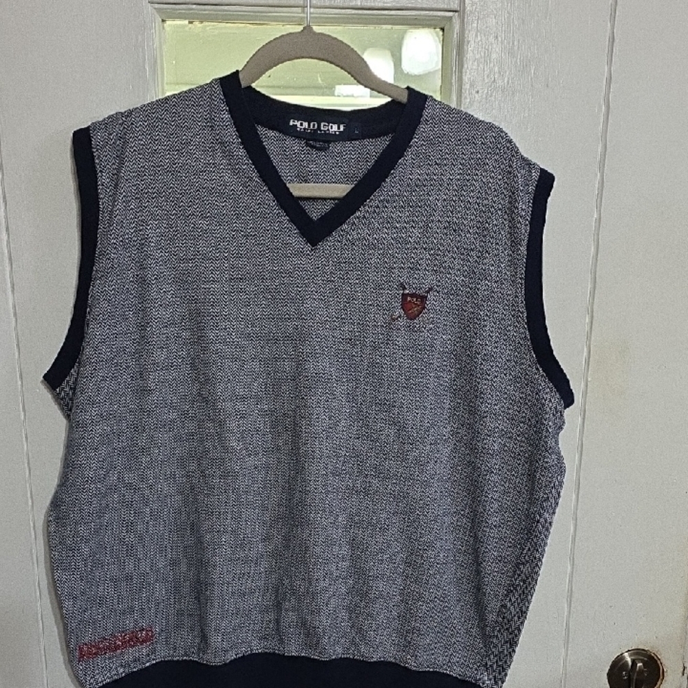 Polo Golf Ralph Lauren Mens Sweater Vest V-Neck Navy Chevron Emroidered L *READ*